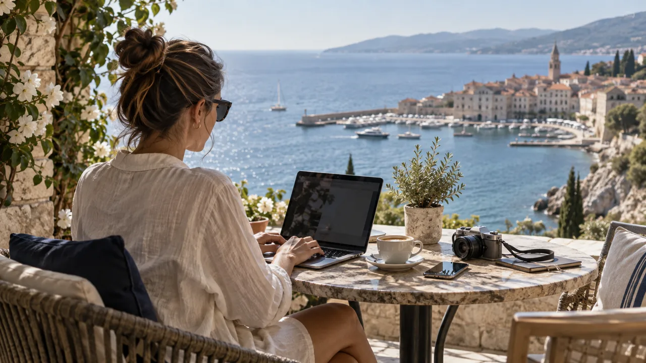 Creator arbeitet am Meer mit Laptop, Kamera und Smartphone