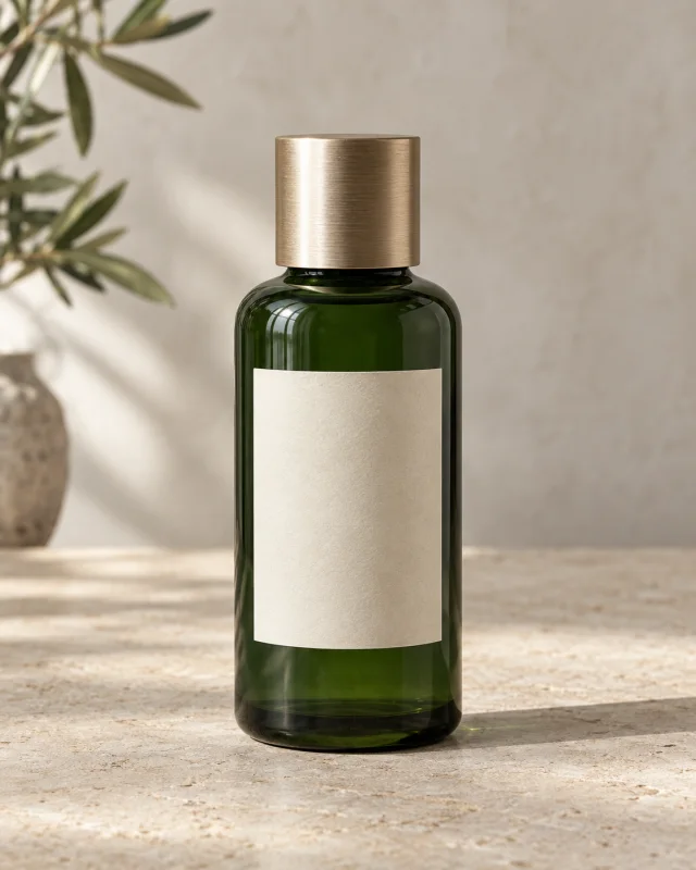 Green glass bottle photographed in natural light on a stone surface.